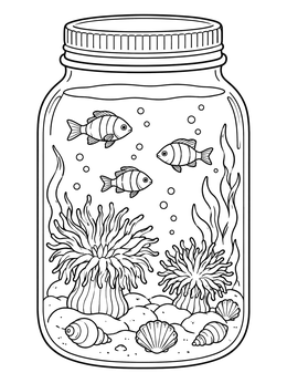 An underwater scene with fish and sea anemones inside a mason jar coloring page.