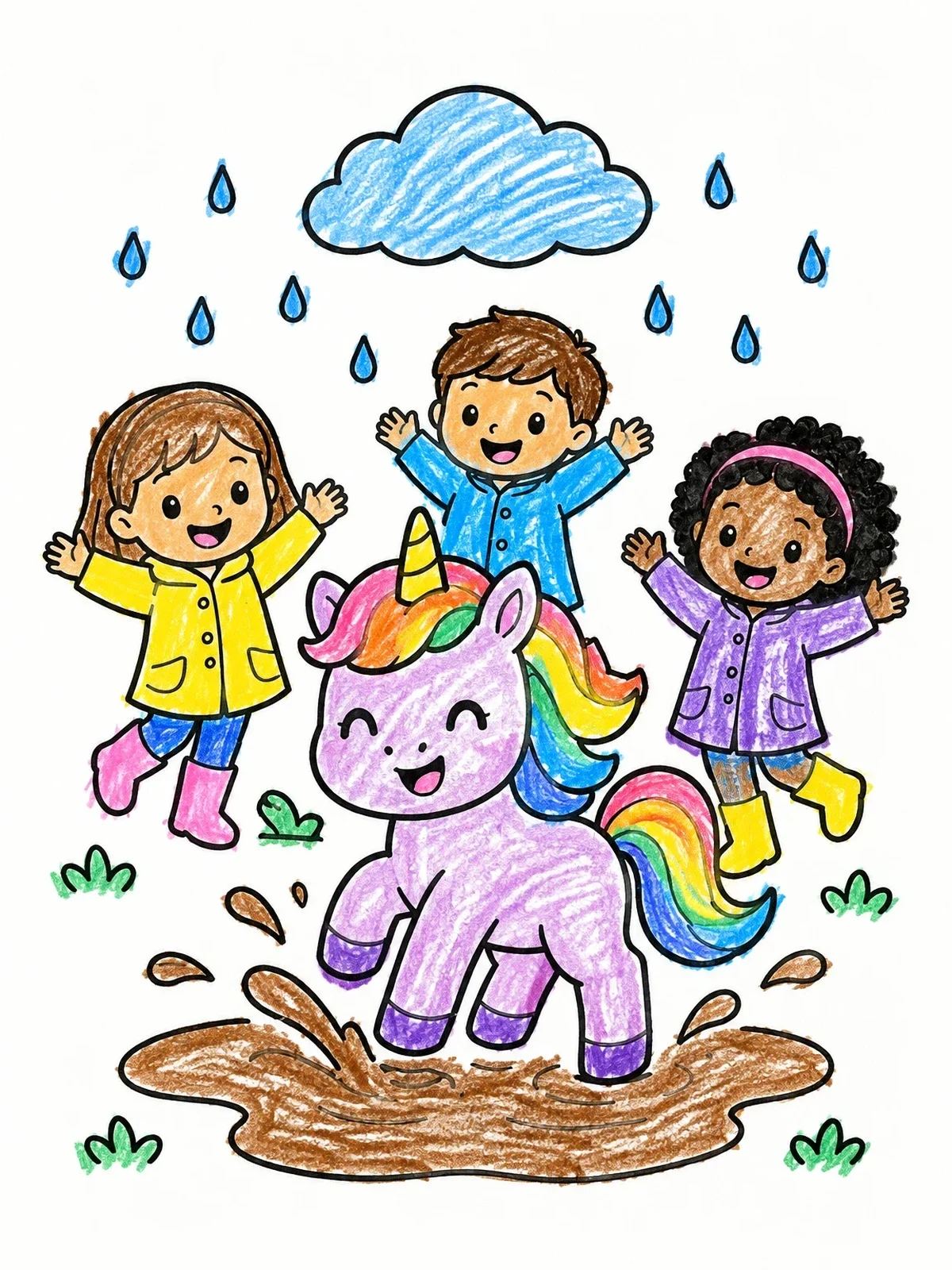 Colored example of the Unicorn And Happy Children In The Rain coloring page