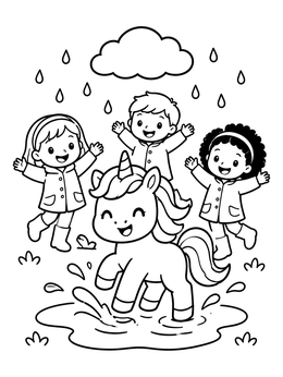Free printable Unicorn And Happy Children In The Rain coloring page