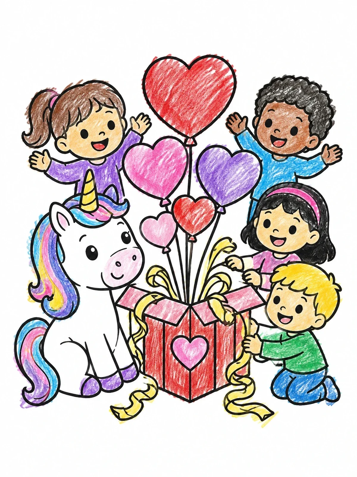 Colored example of the Unicorn And Children With Valentine Box coloring page