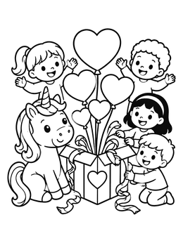 Free printable Unicorn And Children With Valentine Box coloring page