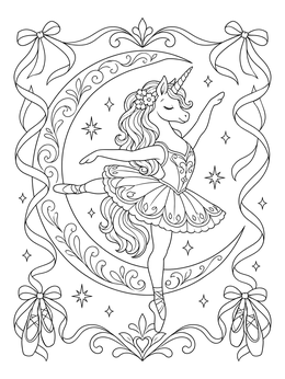 A graceful unicorn ballerina coloring page posing on a crescent moon surrounded by ribbons and stars.