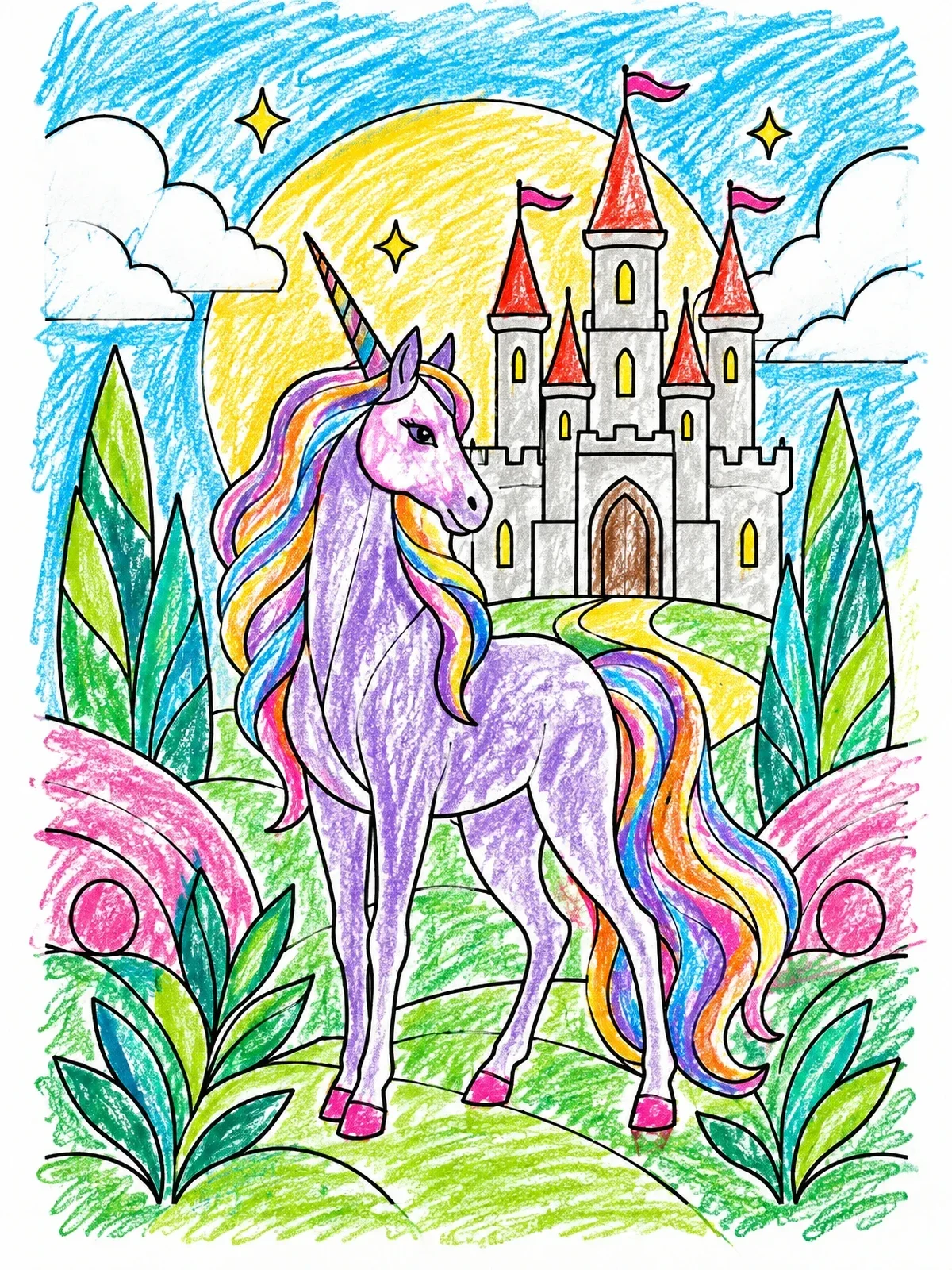 Colored example of the Majestic Unicorn Before Fairytale Castle coloring page