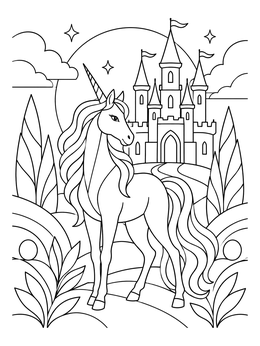 A graceful unicorn coloring page set before an enchanting fairytale castle.