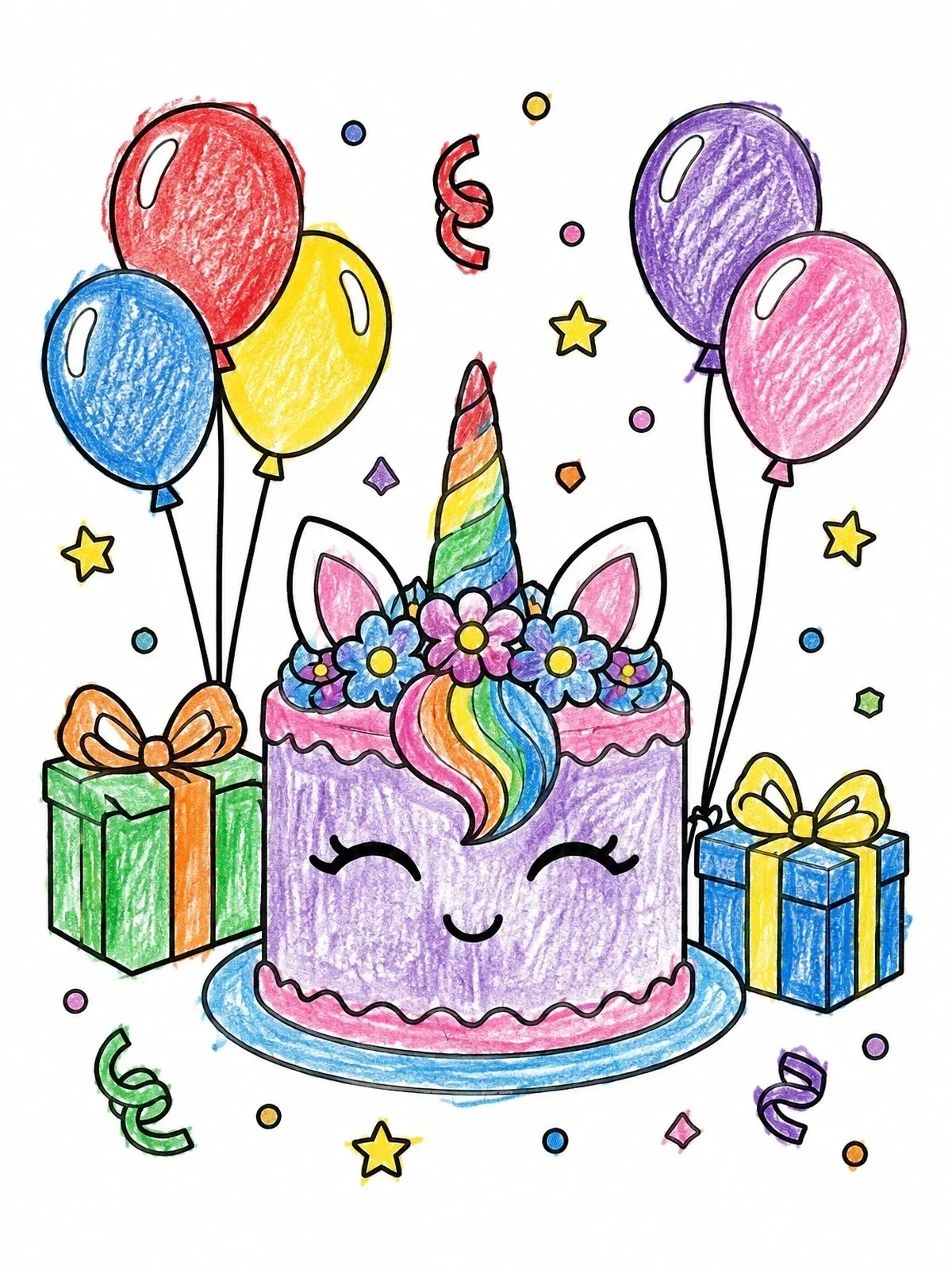 Colored example of the Unicorn Birthday Cake With Balloons coloring page