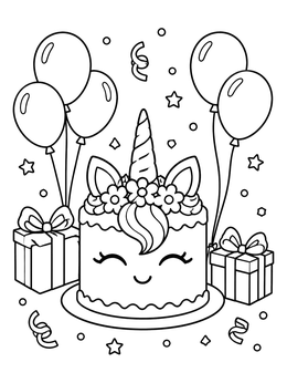 A festive unicorn cake coloring page with party balloons, wrapped gifts, and confetti.