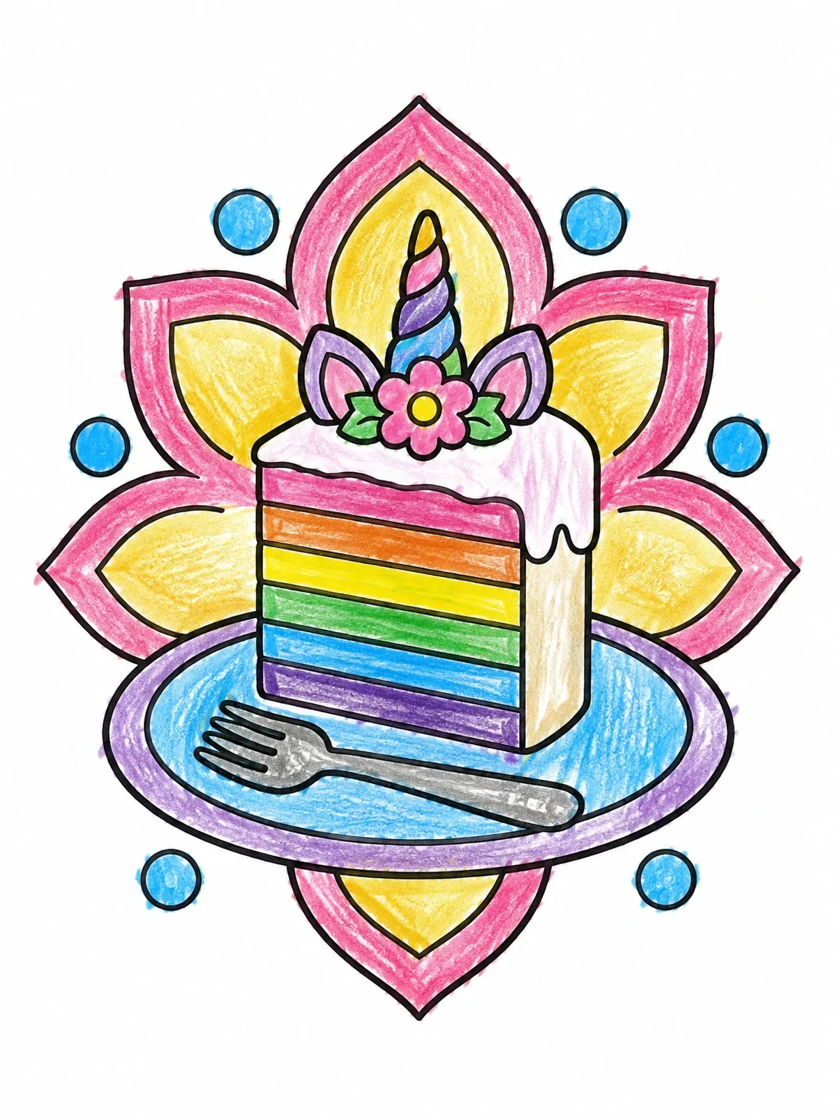 Colored example of the Layered Unicorn Cake Slice On Plate coloring page