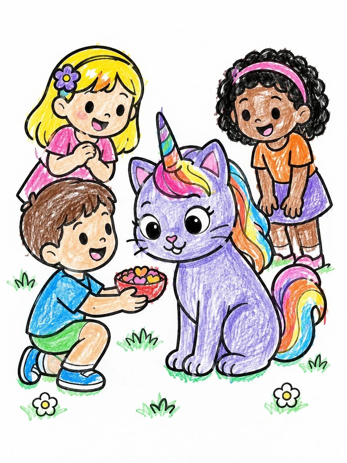 Colored example of the Children Feeding A Cute Caticorn coloring page