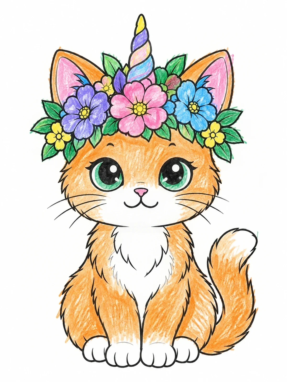 Colored example of the Cute Caticorn With Flower Crown coloring page