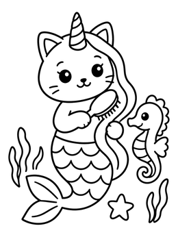 Free printable Cute Purrmaid Brushing Her Hair coloring page