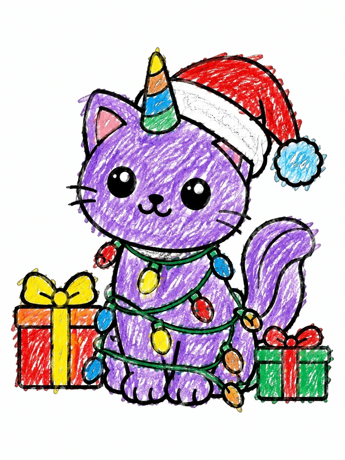 Colored example of the Festive Christmas Caticorn With Gifts coloring page