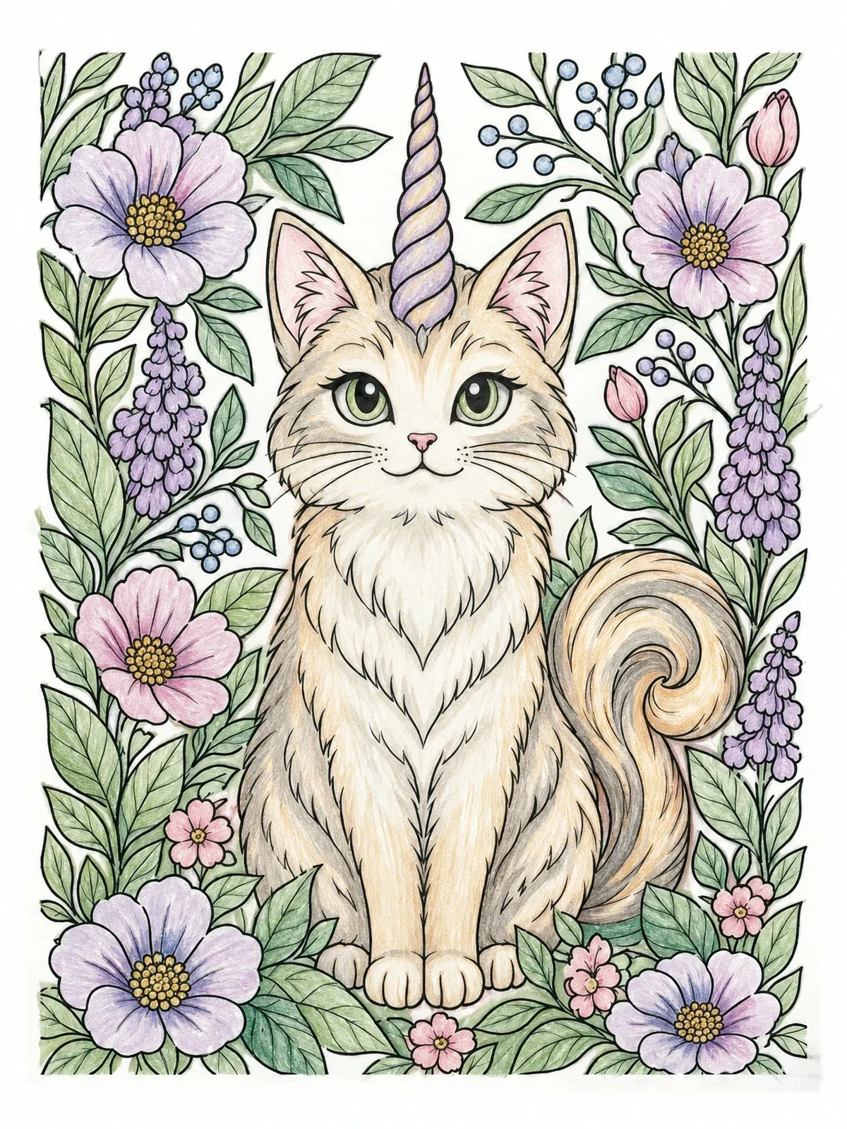 Colored example of the Fluffy Caticorn In Floral Garden coloring page