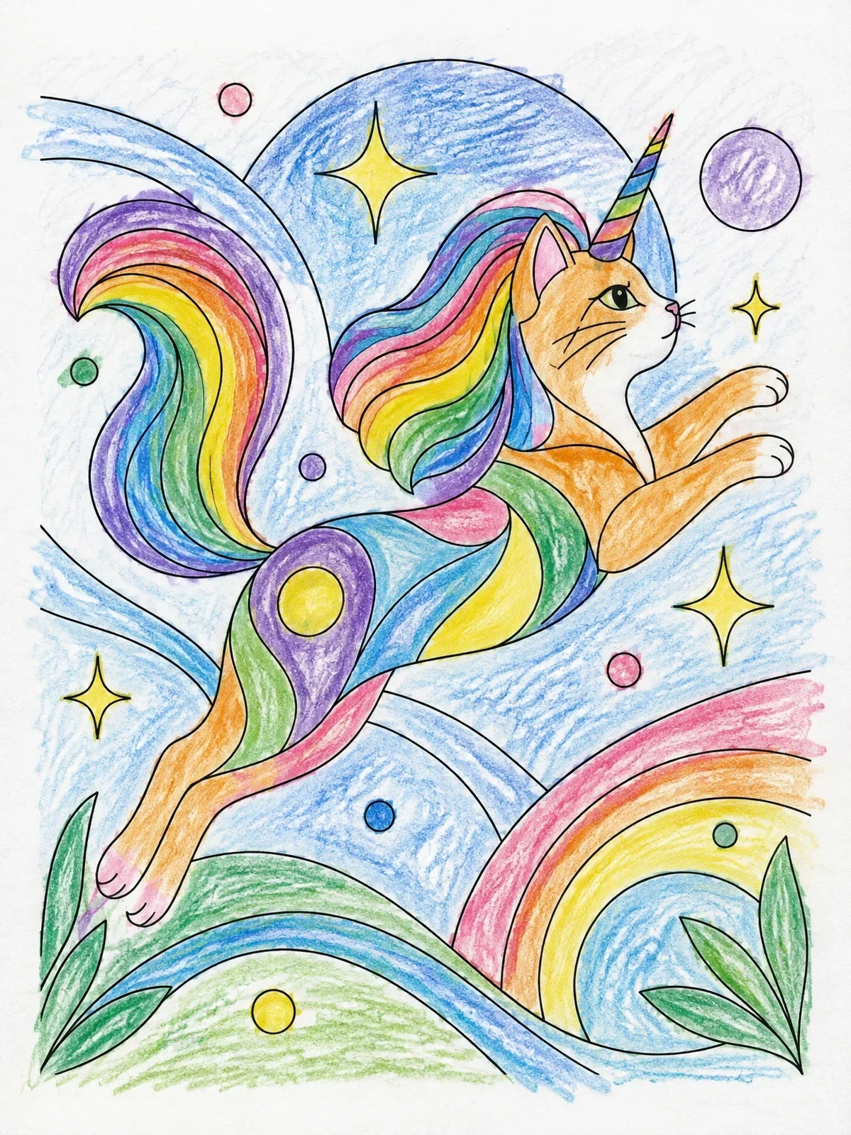 Colored example of the Leaping Caticorn In Starry Sky coloring page