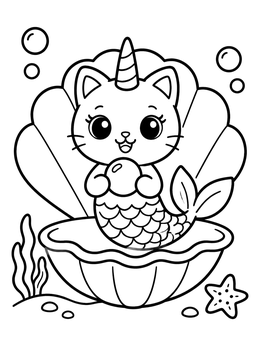 Free printable Mermaid Caticorn Inside An Open Seashell coloring page