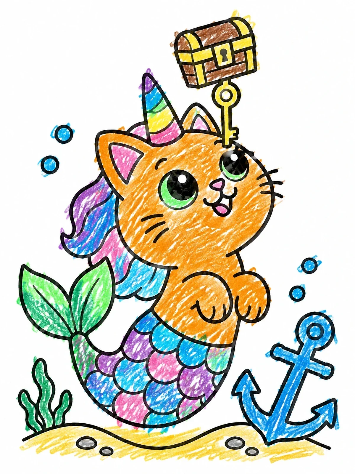 Colored example of the Mermaid Caticorn Balancing A Treasure Chest coloring page