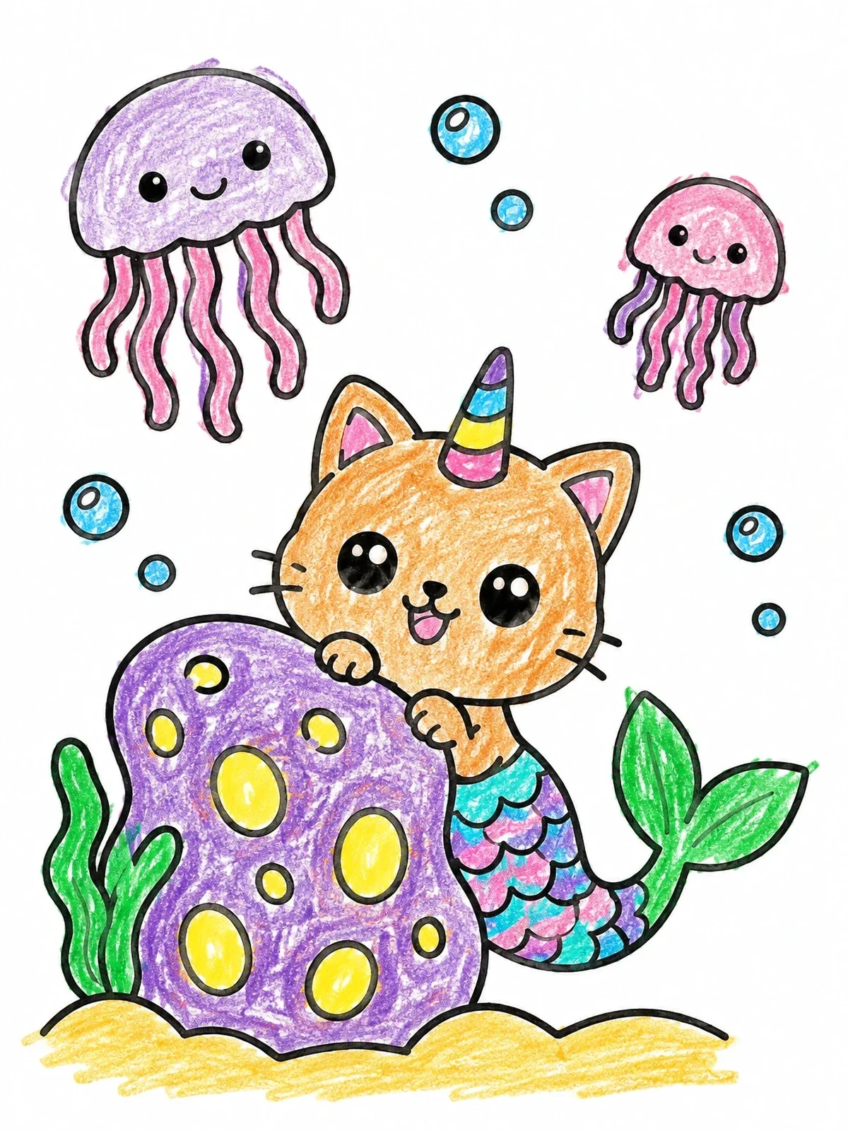 Colored example of the Mermaid Caticorn Under The Sea coloring page