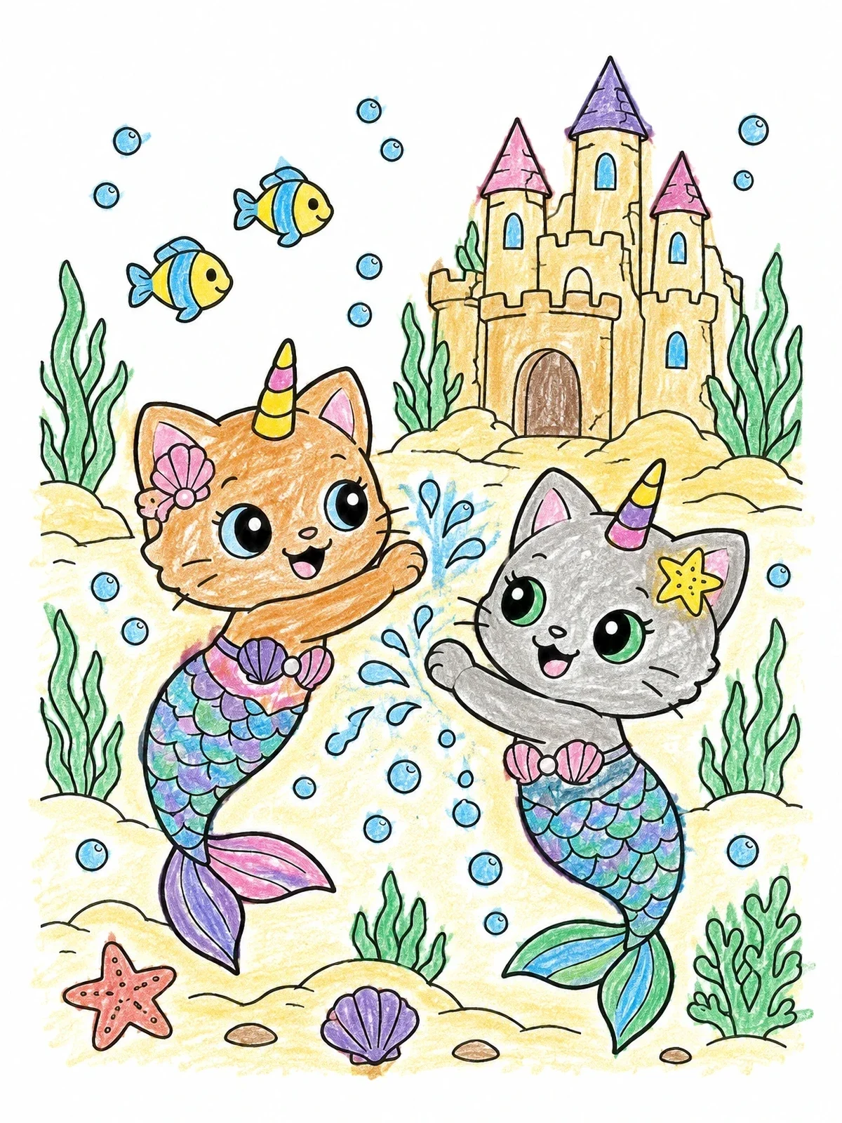 Colored example of the Mermaid Caticorns By The Castle coloring page
