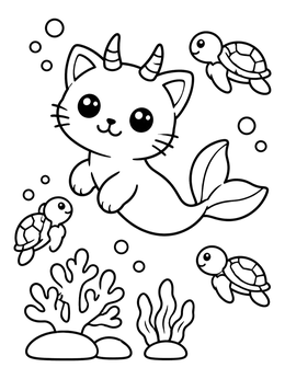 Free printable Swimming Purrmaids And Baby Sea Turtles coloring page