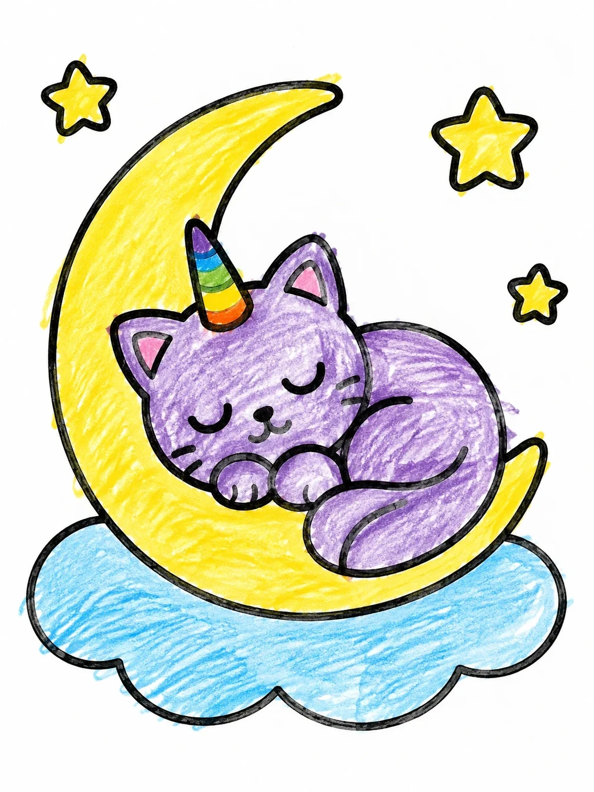 Colored example of the Sleeping Caticorn On Crescent Moon coloring page