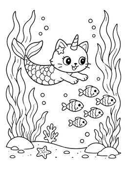 Free printable Swimming Caticorn Mermaid With Fish coloring page