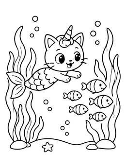 Free printable Swimming Caticorn Mermaid With Fish coloring page