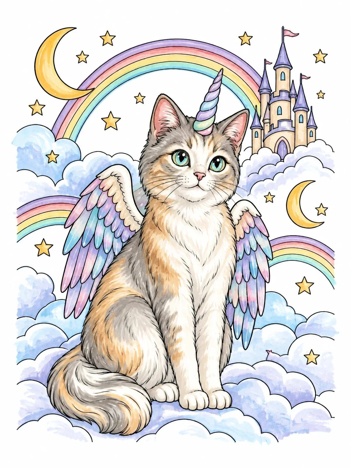 Colored example of the Winged Caticorn In Cloud Kingdom coloring page