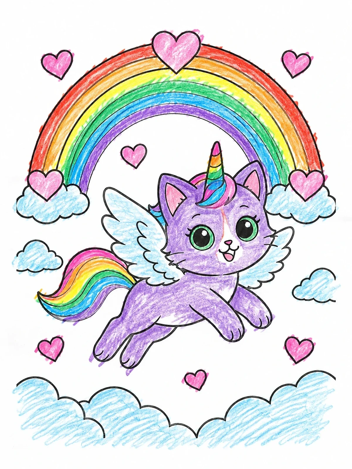 Colored example of the Winged Caticorn Flying Under Rainbow coloring page