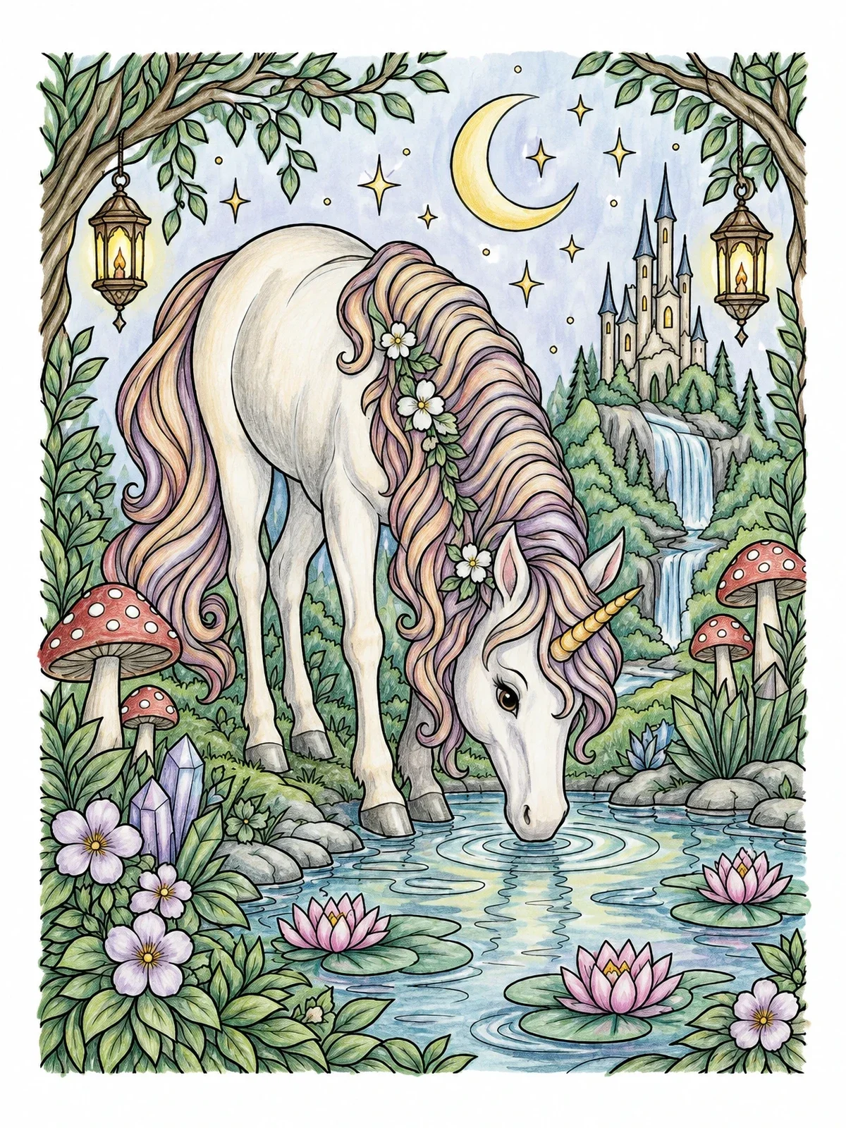 Colored example of the Unicorn Drinking From An Enchanted Pond coloring page