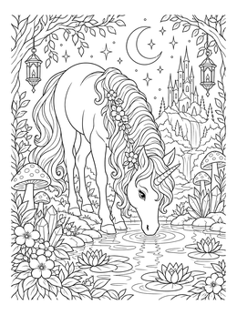 A graceful unicorn coloring page showing it drinking from a pond beneath a crescent moon and distant castle.