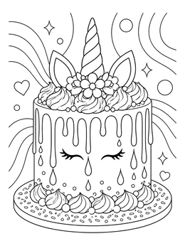 A decorative unicorn cake coloring page with sweet frosting drips and flower accents.