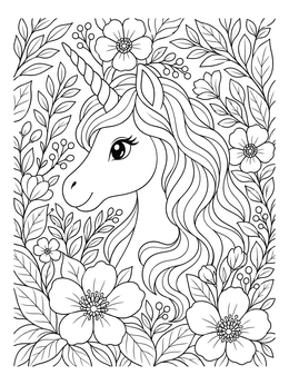 A magical unicorn emoji coloring page surrounded by blooming flowers and leaves.
