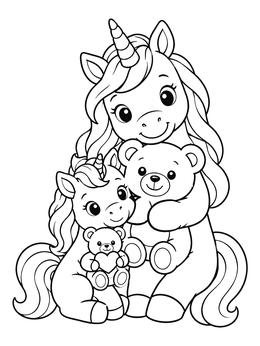 Free printable Unicorn Family Hugging Teddy Bears coloring page