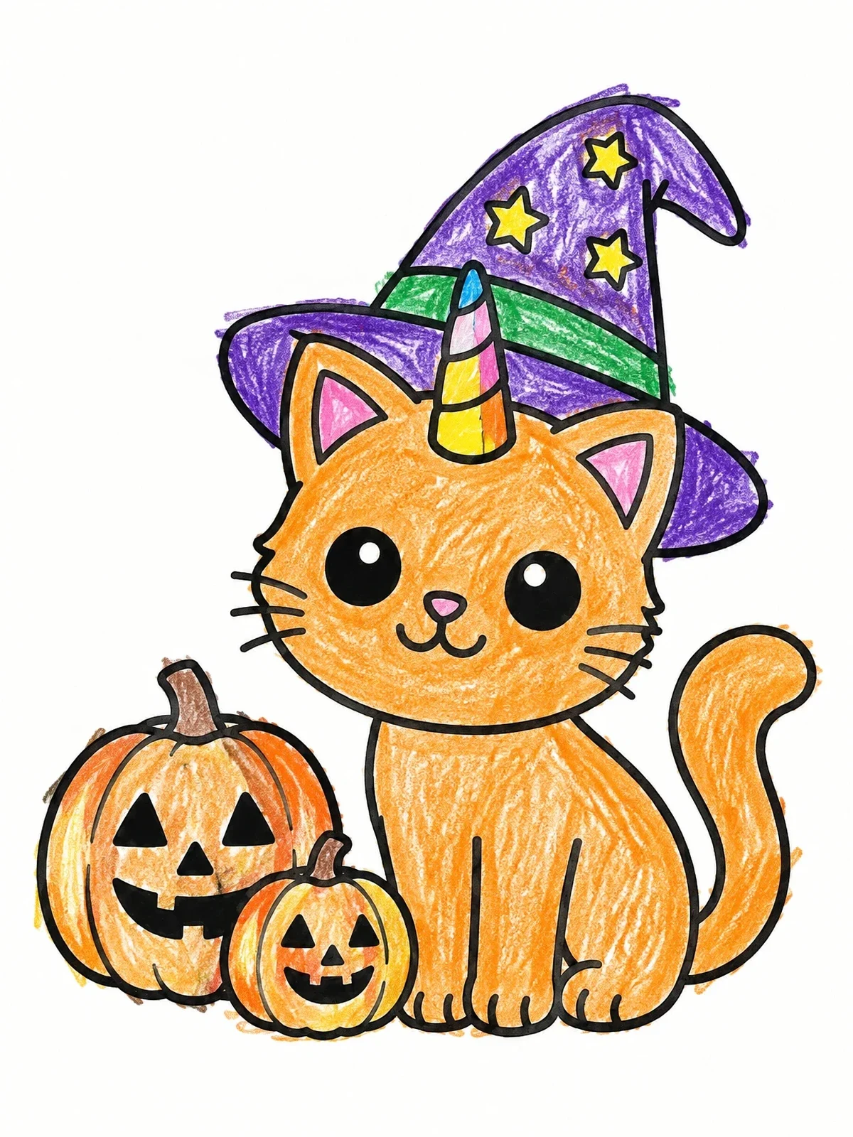 Colored example of the Halloween Caticorn With Witch Hat And Pumpkins coloring page