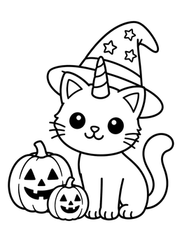 A cute caticorn with a witch hat and pumpkins on this unicorn coloring page.