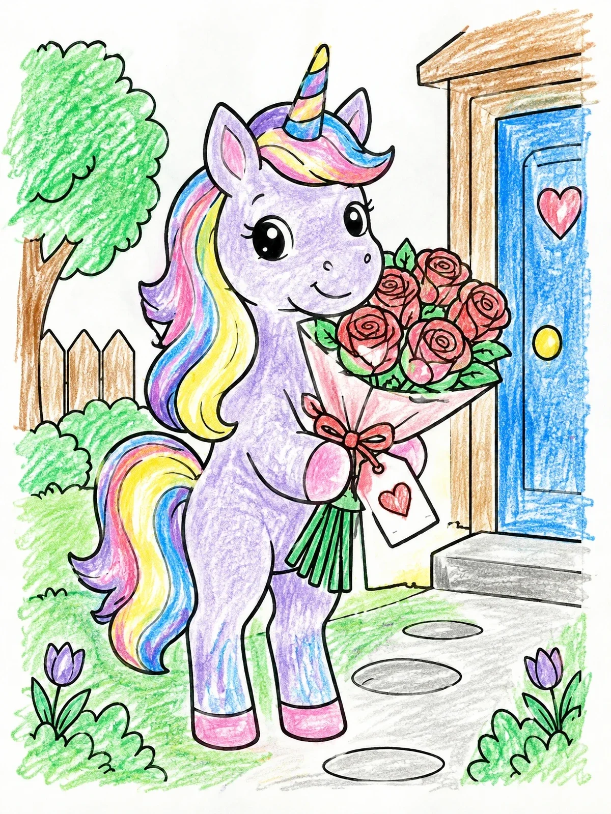 Colored example of the Sweet Unicorn Delivering Valentine Roses coloring page