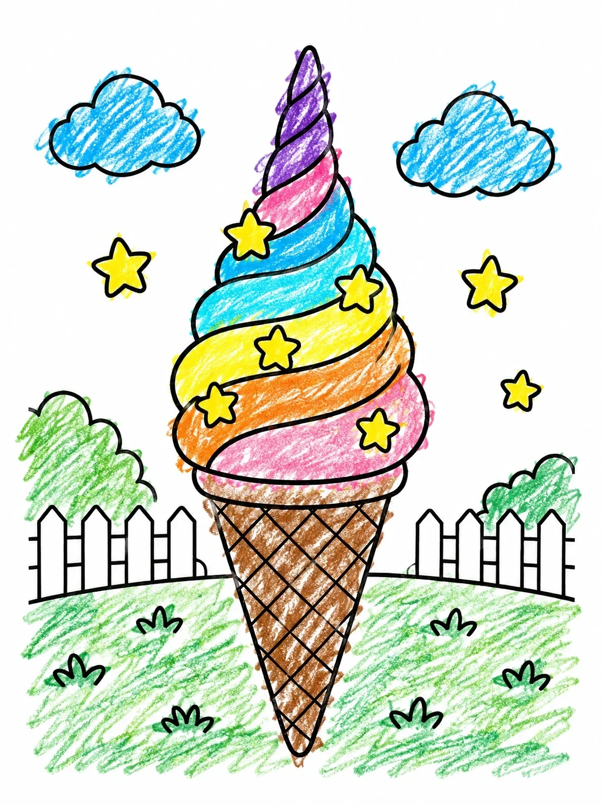 Colored example of the Twirled Unicorn Horn Ice Cream Cone coloring page