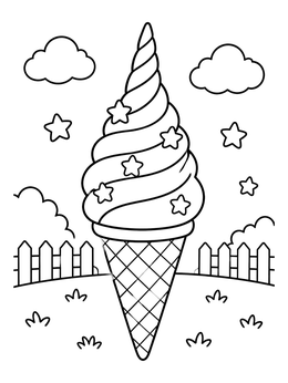 A sweet unicorn ice cream coloring page featuring a horn-shaped soft serve cone decorated with candy stars.