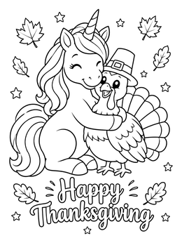 Free printable Unicorn Hugging A Thanksgiving Turkey coloring page