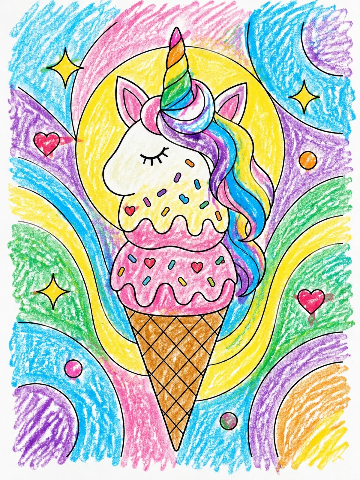 Colored example of the Unicorn Ice Cream Cone With Swirls coloring page