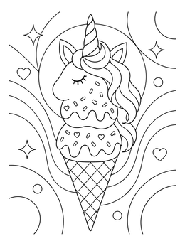 A sweet unicorn ice cream coloring page featuring a double scoop cone with sprinkles and a magical mane.