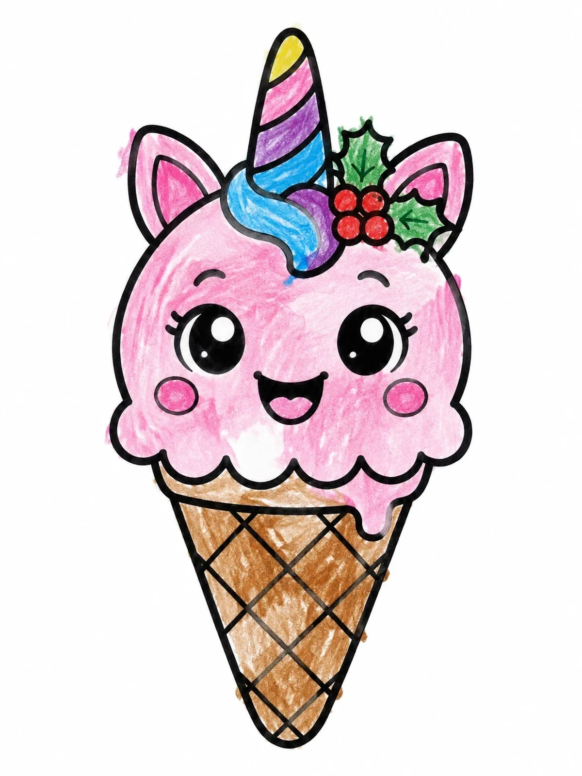 Colored example of the Festive Unicorn Ice Cream Cone coloring page