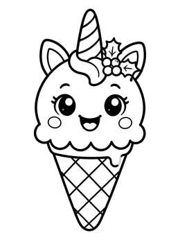 A cheerful unicorn ice cream coloring page featuring a cone decorated with holly leaves.
