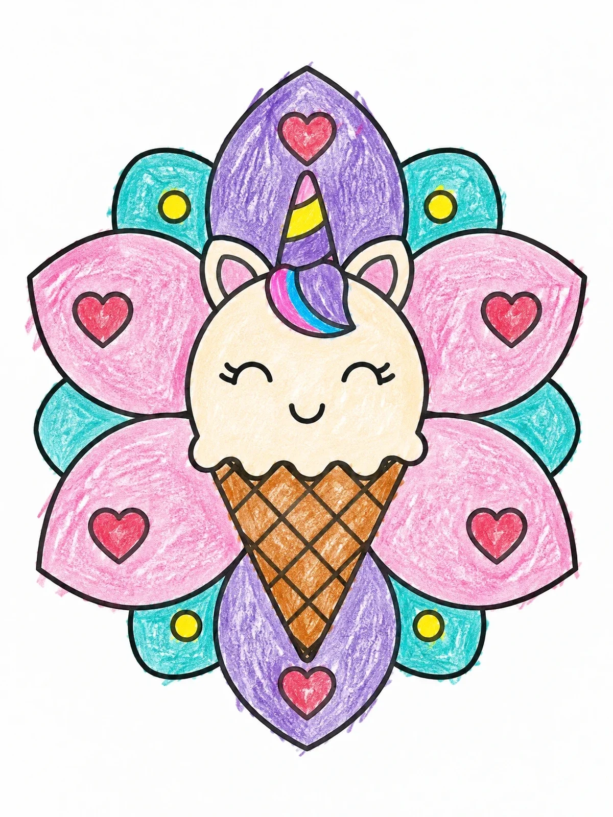 Colored example of the Unicorn Ice Cream Floral Mandala coloring page