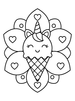 Free printable Unicorn Ice Cream Floral Mandala coloring page