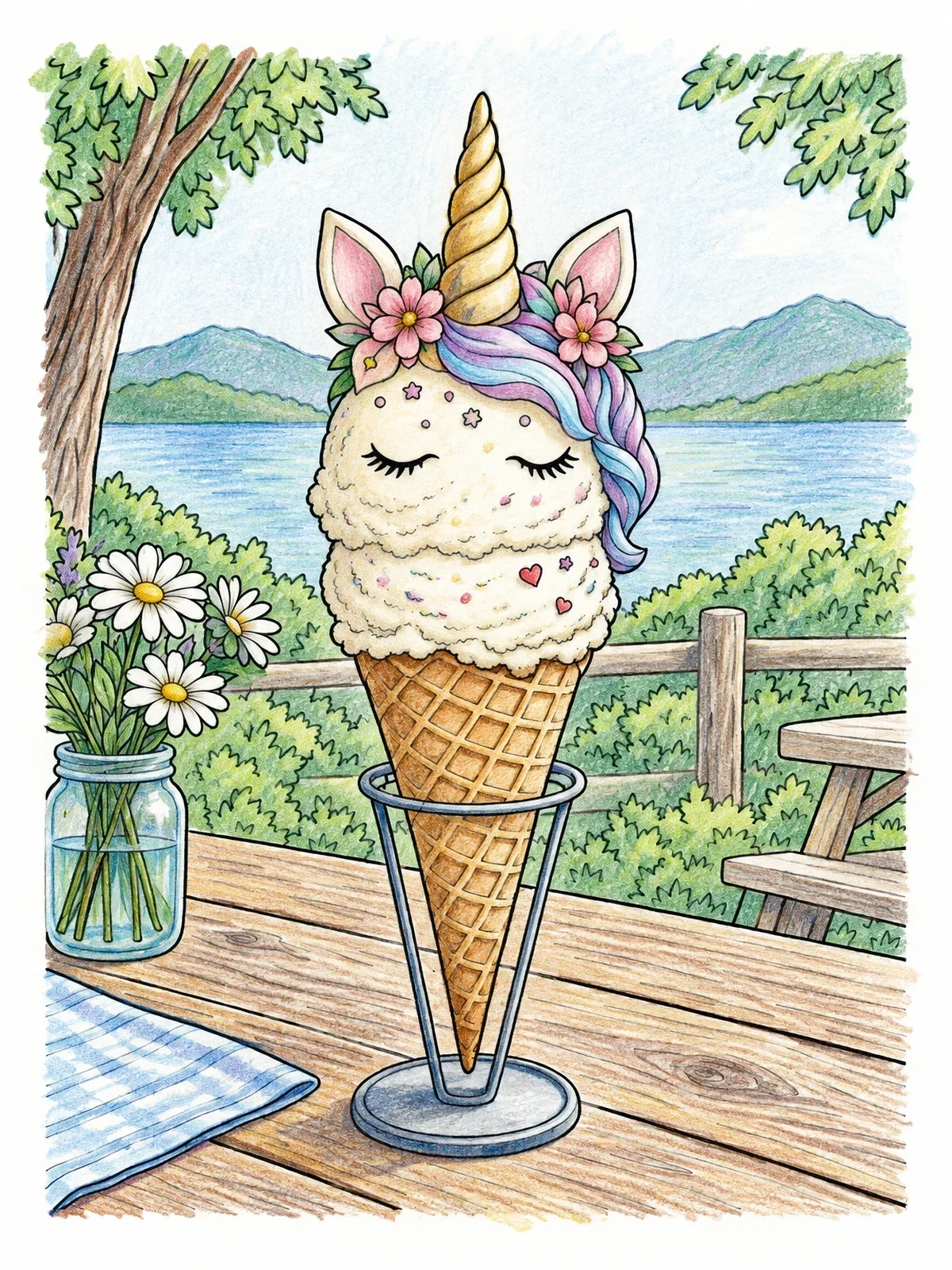 Colored example of the Unicorn Ice Cream On Picnic Table coloring page
