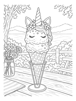 A detailed unicorn ice cream coloring page resting outdoors on a picnic table.