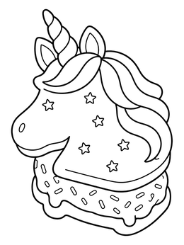 A sweet unicorn ice cream coloring page showing a horse-shaped ice cream sandwich with sprinkles and stars.