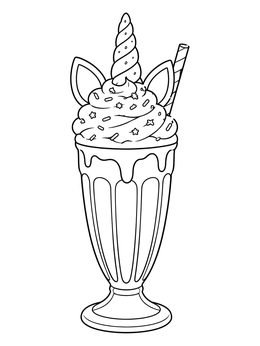 A sweet unicorn ice cream coloring page featuring a tall sundae glass with horn and ears.