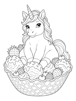 A cute chubby unicorn sits among scoops and berries in this unicorn ice cream coloring page.