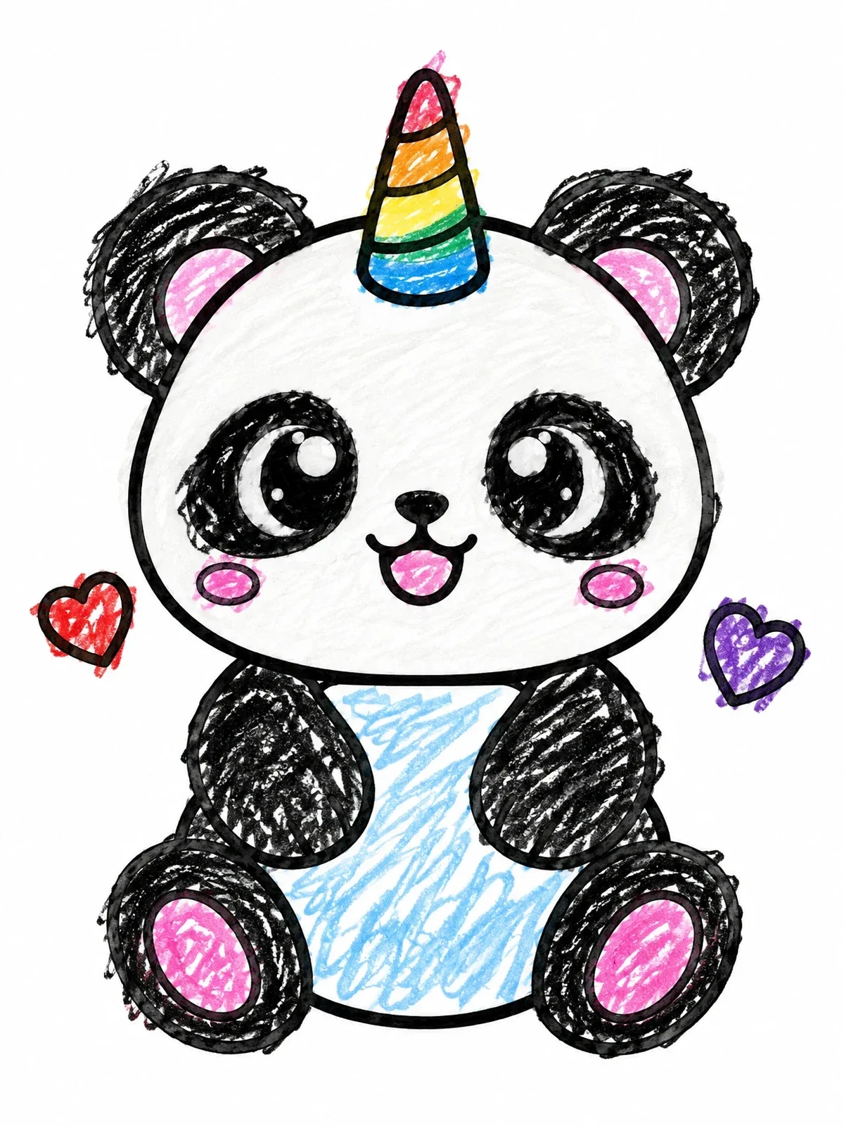 Colored example of the Cute Baby Pandacorn With Hearts coloring page